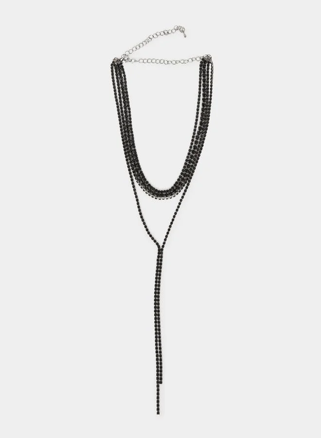 Styli Black Crystal Y Lariat Necklace